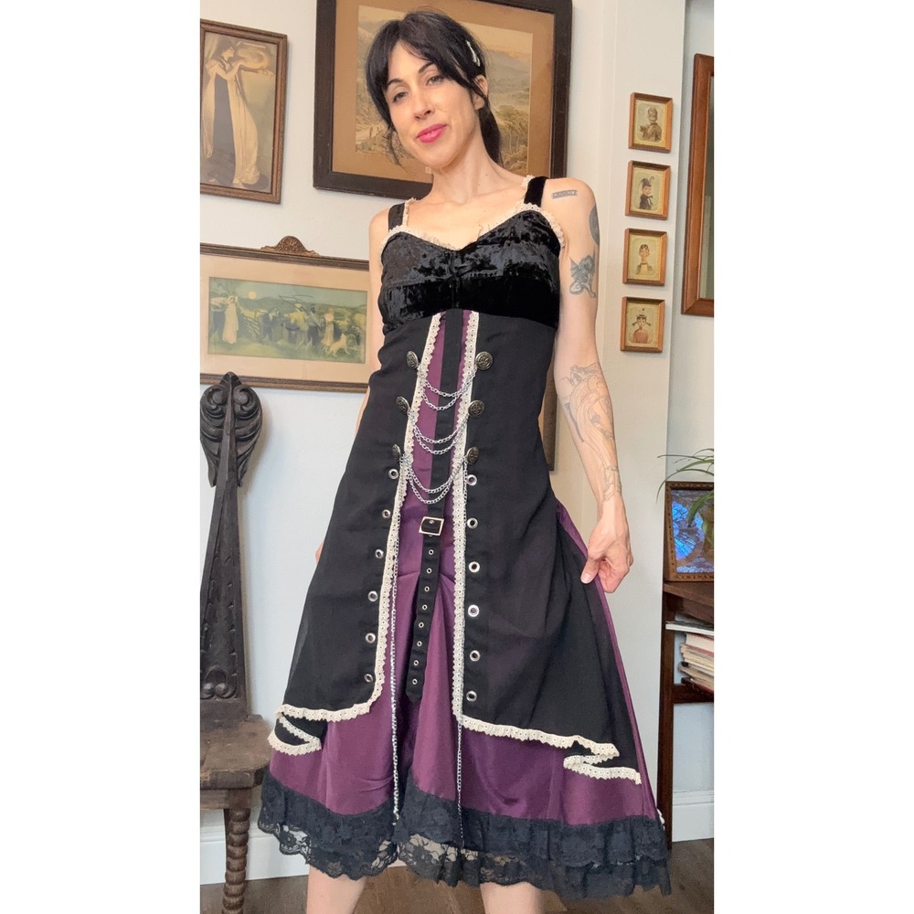 Y2K Funhouse NYC Gothic Purple Black Velvet Lace Chain Corset Midi Dress XS